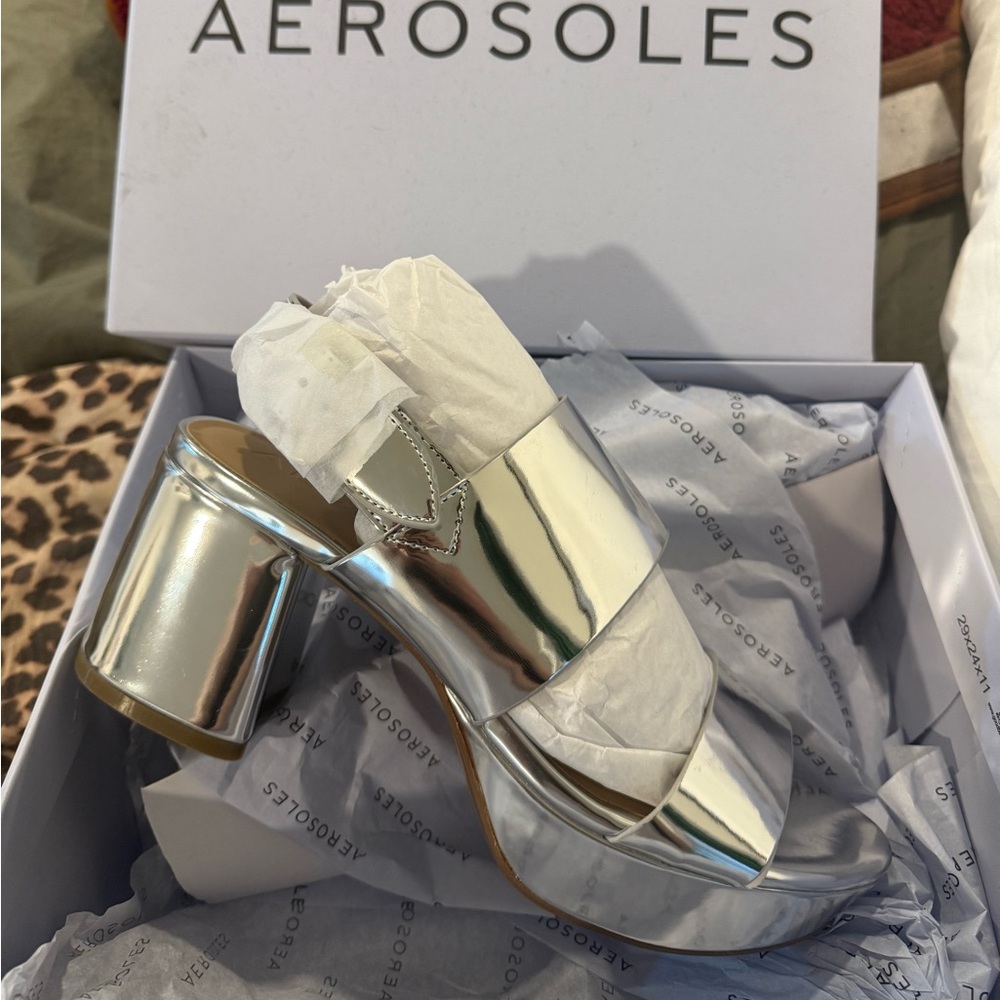 AEROSOLES Shiny Silver Block Heels